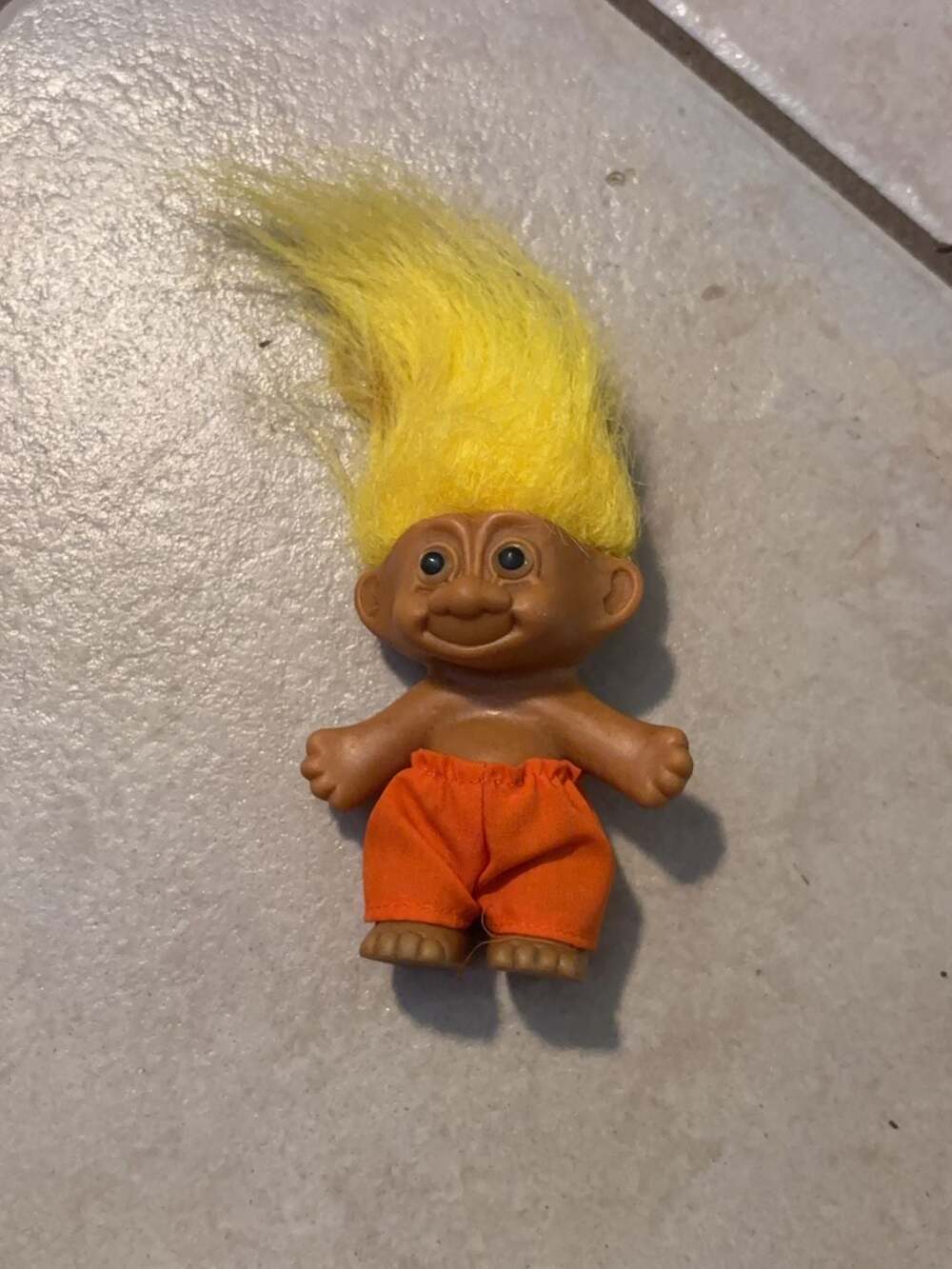 Vintage 1992 Russ Berrie Troll Doll with Yellow Hair and Orange Shorts